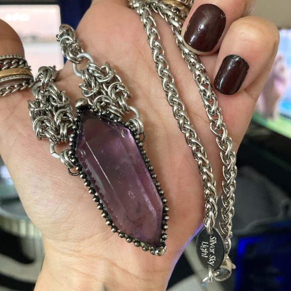 Handmade stainless steel maille necklace genuine big amethyst purple crystal - Picture 5 of 12